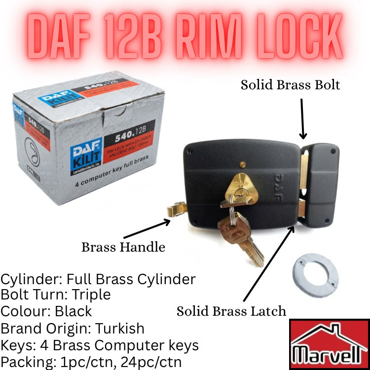 A DAF 12B rim lock cylinder kit shown with its packaging box, labeled callouts for the solid brass bolt, brass handle, and solid brass latch, plus a small metal washer. The image includes text describing the product features and a Marvel logo in the corner.