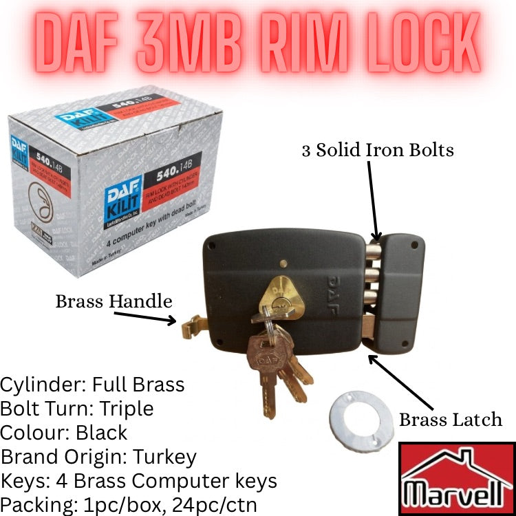 A DAF 3MB rim lock cylinder lock shown with its packaging box, keys, brass handle, and brass latch, with text labels and specifications on a white background.