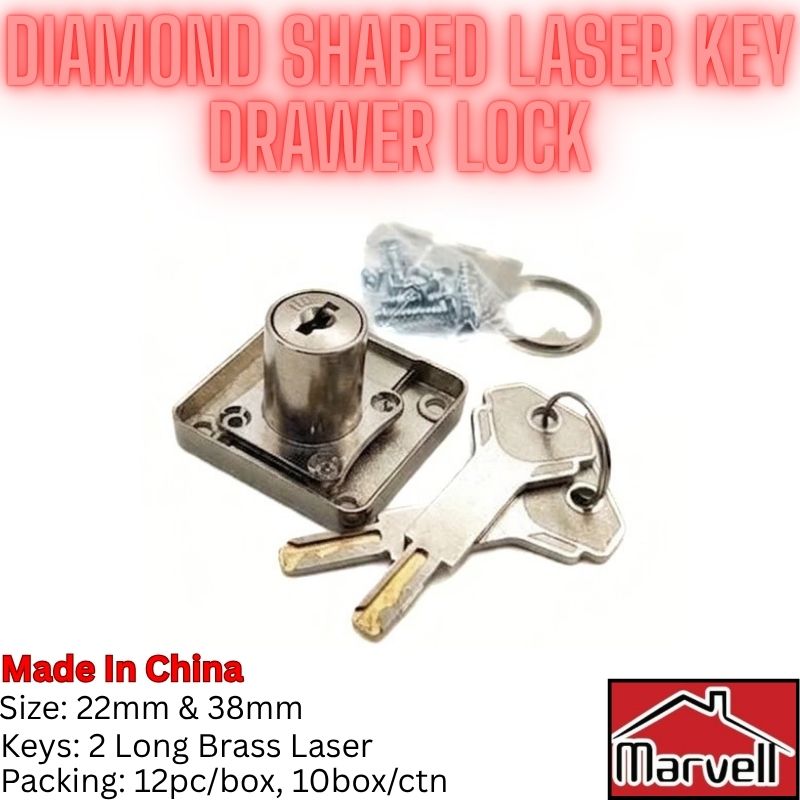 Diamond shaped laser key drawer lock set with two brass keys, a metal lock body, mounting screws, and a key ring on a white background with text overlays.