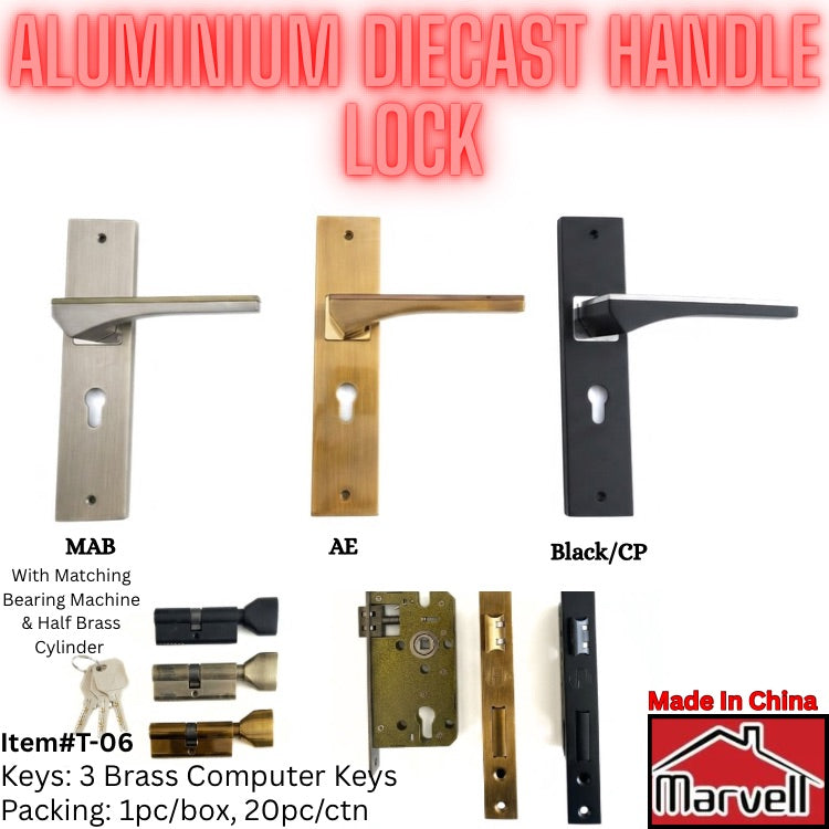 Aluminium diecast door handle lock set shown in three finishes: silver (MAB), gold (AE), and black (Black/CP), along with internal hardware and keys. The image features a 'Made in China' logo for 'Marvell' in the bottom right corner.