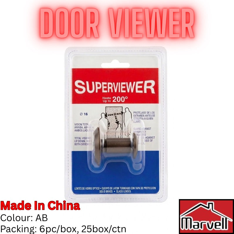 A packaged door viewer window security product labeled 'SUPERVIEWER' in red, white, and blue retail packaging, shown on a white background with large red 'DOOR VIEWER' text at the top and product details at the bottom.