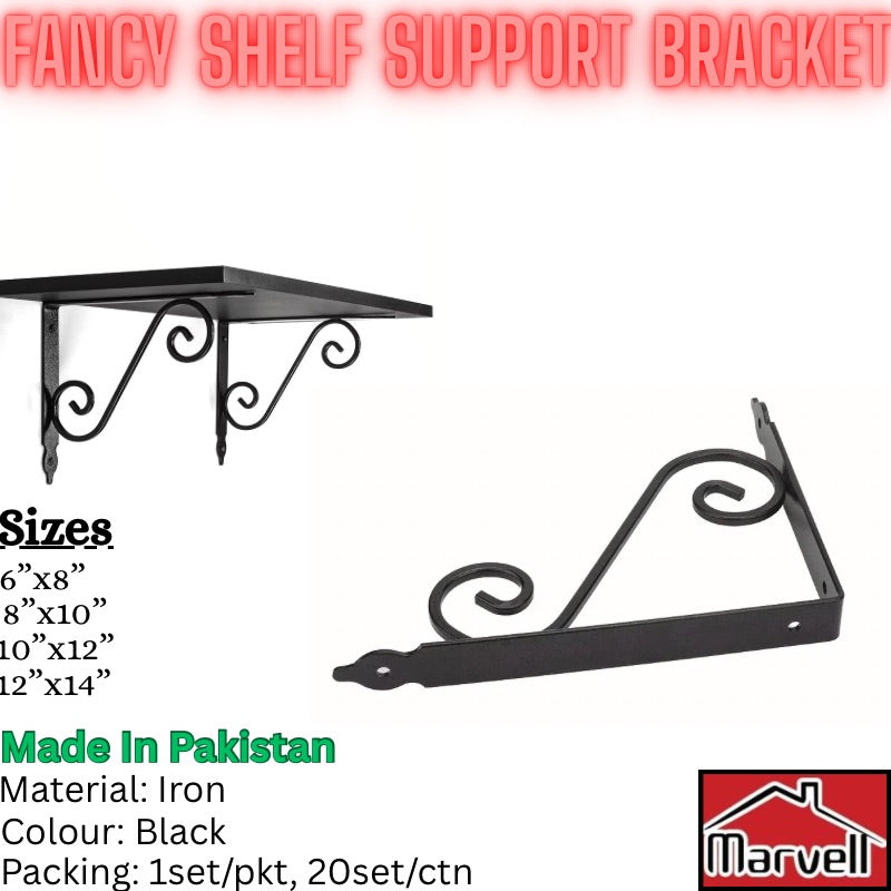 Black iron shelf support bracket shown on a white background with text listing sizes, 'Made in Pakistan,' material and color, and a Marvel logo. The product is a decorative wall bracket with scrollwork.