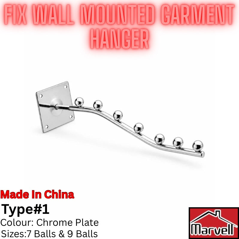 Chrome wall-mounted garment hanger with a square backplate and nine hanging balls, shown on a white background with product text and a Marvel logo.