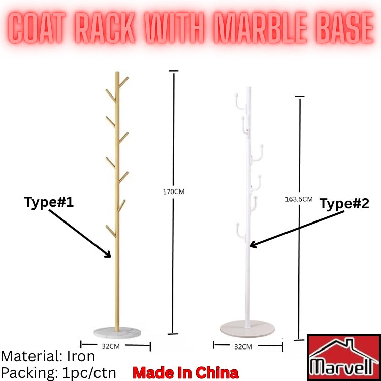 A product diagram showing two coat racks with measurement labels. Type#1 is a light wood/tan rack with a marble base, and Type#2 is white.