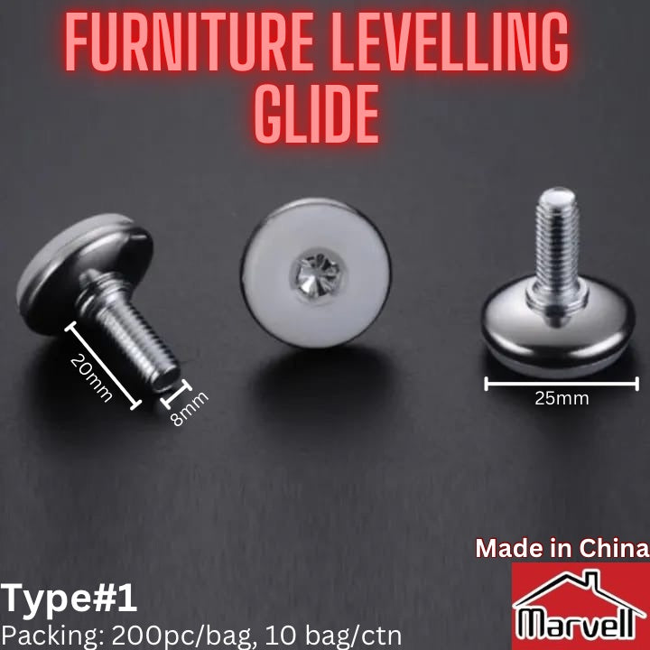 Adjustable Furniture Levelling Glide Feet (Type #1) – M8 x 20mm Threaded Stainless Steel Floor Glides