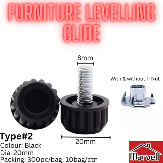 Black furniture leveling glide with a threaded metal post and T-nut hardware, shown with dimension labels, text specs, and a small hardware close-up on a white background.