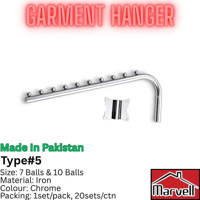 A chrome garment hanger with 10 balls on the horizontal bar and 10 balls on the curved hook, shown on a white background with product specifications and the Marvell brand logo.