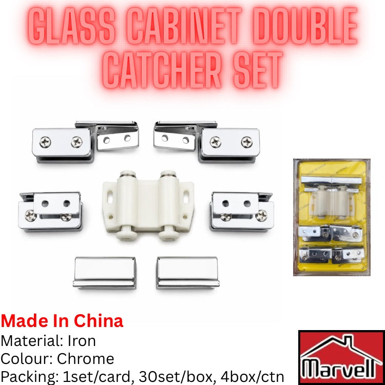 Glass cabinet double catcher set with center hinge and chrome finish fittings for double glass cabinet doors