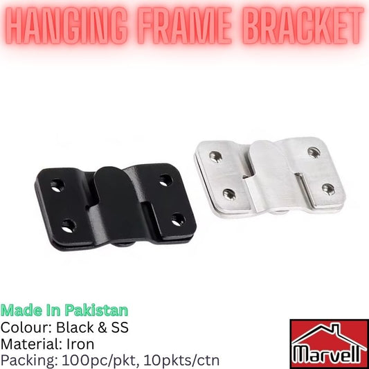 Two metal hanging frame brackets shown on a white background: one black and one silver stainless steel. Large red text at the top reads 'HANGING FRAME BRACKET,' with additional text at the bottom stating 'Made in Pakistan,' 'Colour: Black & SS,' 'Material: Iron,' and 'Packing: 100pc/pkt, 10pkts/ctn.