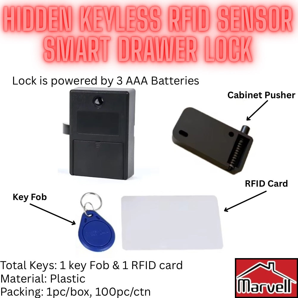 Hidden Keyless RFID Sensor Smart Drawer Lock with RFID card, key fob, and cabinet pusher for wooden drawers and cabinets