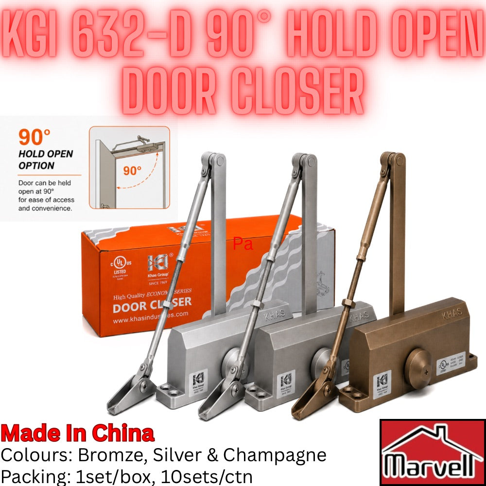 Three KGI 632-D 90-degree hold open door closer mechanisms shown in silver, gray, and champagne bronze finishes, alongside their retail packaging box. The image features promotional text overlays detailing the product features and available colors.
