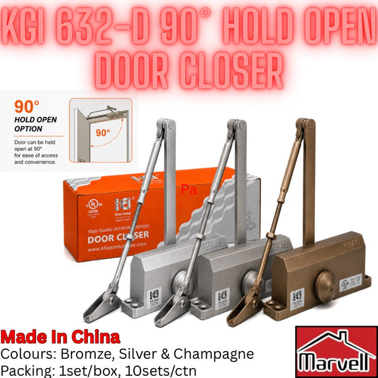Three KGI 632-D 90-degree hold open door closer mechanisms shown in silver, gray, and champagne bronze finishes, alongside their retail packaging box. The image features promotional text overlays detailing the product features and available colors.