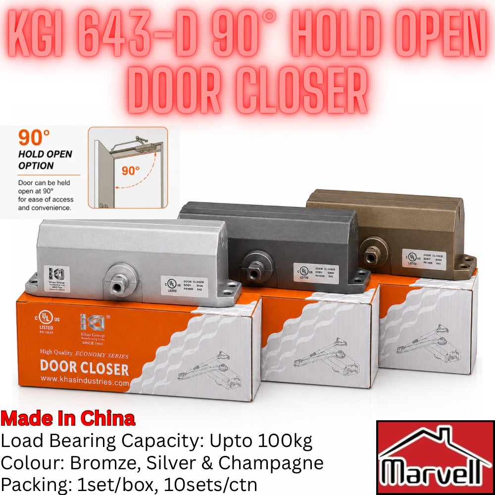 Three door closer actuators in silver, gray, and bronze finishes displayed on top of their orange and white retail boxes, with promotional text overlays and a Marvell brand logo.
