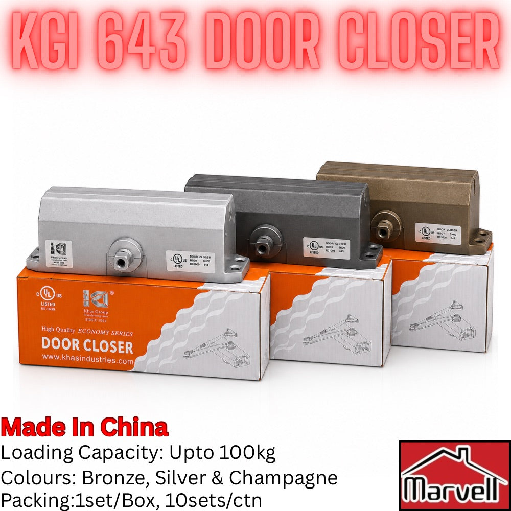 Three door closer actuators in silver, dark gray, and bronze finishes displayed on top of their orange and white retail boxes. The image features a large red text header reading 'KGI 643 DOOR CLOSER' at the top and a 'Marvel' brand logo in the bottom right corner, with product specifications listed at the bottom left.