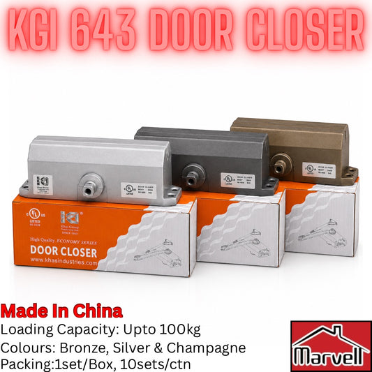 Three door closer actuators in silver, dark gray, and bronze finishes displayed on top of their orange and white retail boxes. The image features a large red text header reading 'KGI 643 DOOR CLOSER' at the top and a 'Marvel' brand logo in the bottom right corner, with product specifications listed at the bottom left.