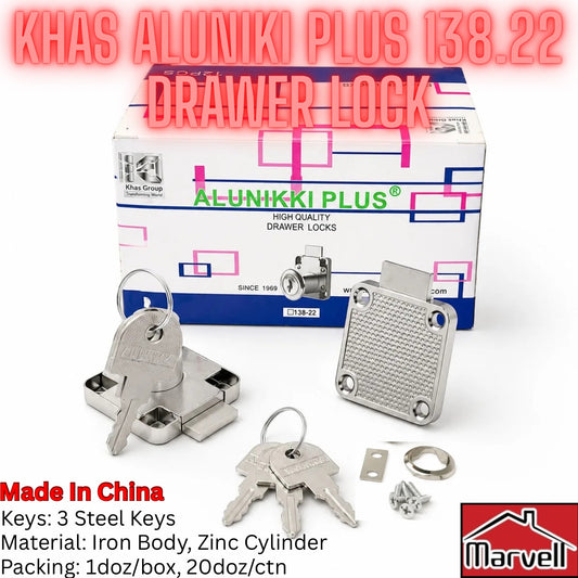Alunikki Plus 138.22 drawer lock set with three steel keys, a zinc cylinder, mounting hardware, and the branded retail box on a white background.