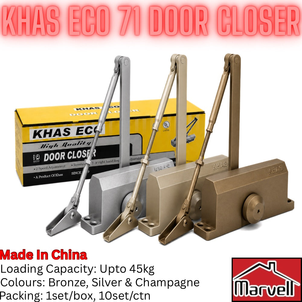 Three KHAS Eco 71 door closers in bronze, silver, and champagne gold finishes displayed in front of their yellow and black retail packaging box. The image features promotional text overlays detailing product specifications and a Marvell brand logo in the bottom right corner.