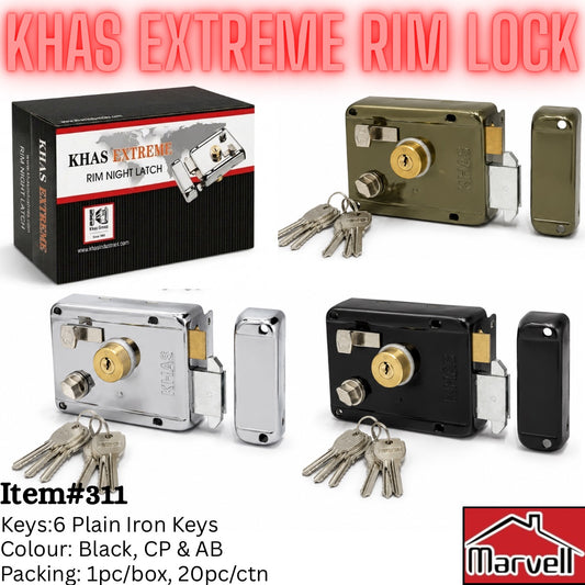 Khas Extreme Rim Lock night latch shown in multiple finish options with keys and packaging on a white background. The image includes a black retail box, a silver chrome version, an olive green version, and a black version, with text listing item number 311, keys, color, and packing details.