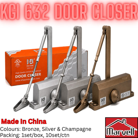 Three KGI 632 door closer mechanisms shown with their orange retail box on a white background, labeled with large red text at the top and product color options: bronze, silver, and champagne. A Marvell logo appears in the bottom right corner.