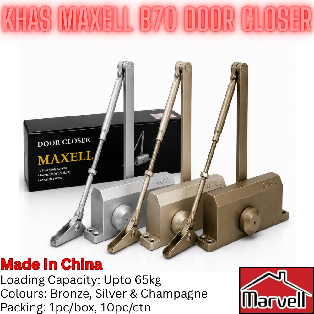 KHAS Maxell B70 hydraulic door closer available in bronze, silver and champagne finishes with 65kg loading capacity.