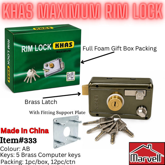 KHAS Maximum Rim Lock shown with its green retail box, brass latch, mounting plate, and keys on a white background with text callouts and a Marvel logo.