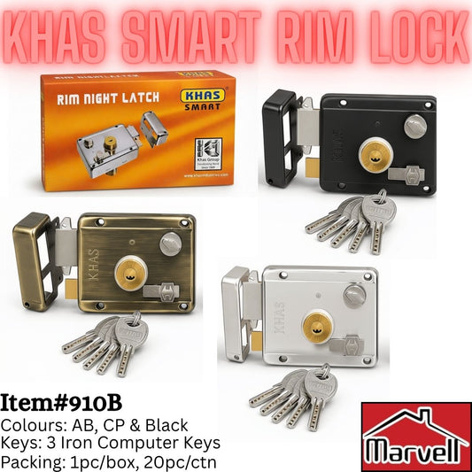 KHAS Smart Rim Lock shown in multiple finish options (AB, CP, and Black) with their keys and packaging box, presented on a white background with promotional text overlays.