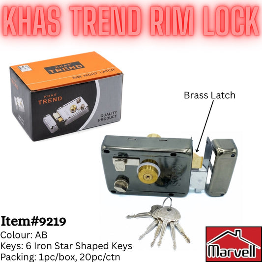 Khas Trend Rim Lock product shown with its retail box, a brass latch, and several keys on a white background. Text labels identify the brass latch and provide item number and color information.