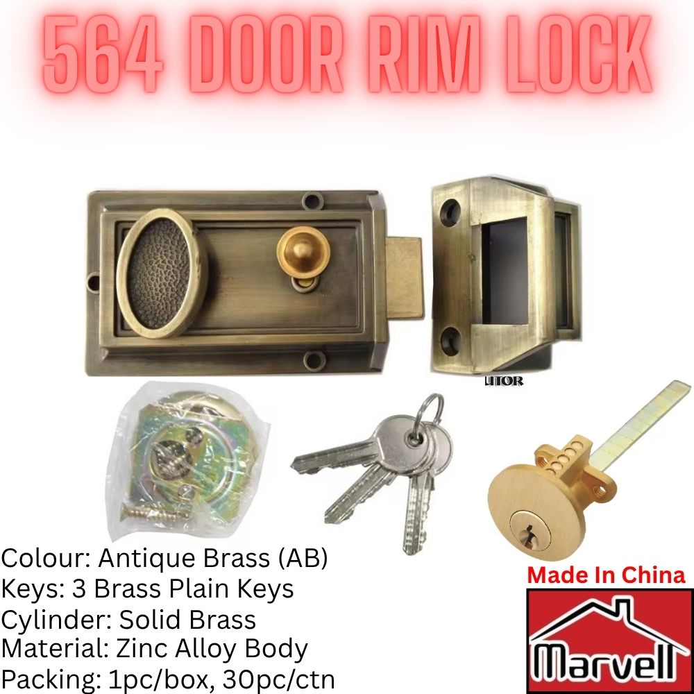 Marvell 564 antique brass door rim lock with solid brass cylinder and three brass keys for wooden door security