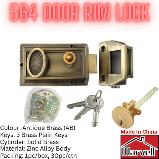 Marvell 564 antique brass door rim lock with solid brass cylinder and three brass keys for wooden door security