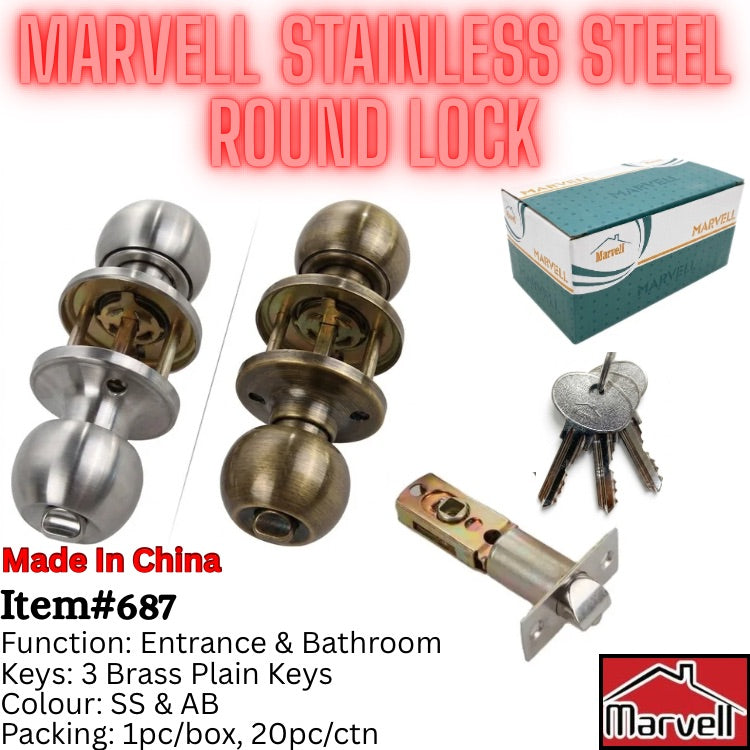 Marvell stainless steel round door lock set shown with two ball-style handles, three brass plain keys, a lock body component, and the product box on a white background with product text and a Marvell logo.