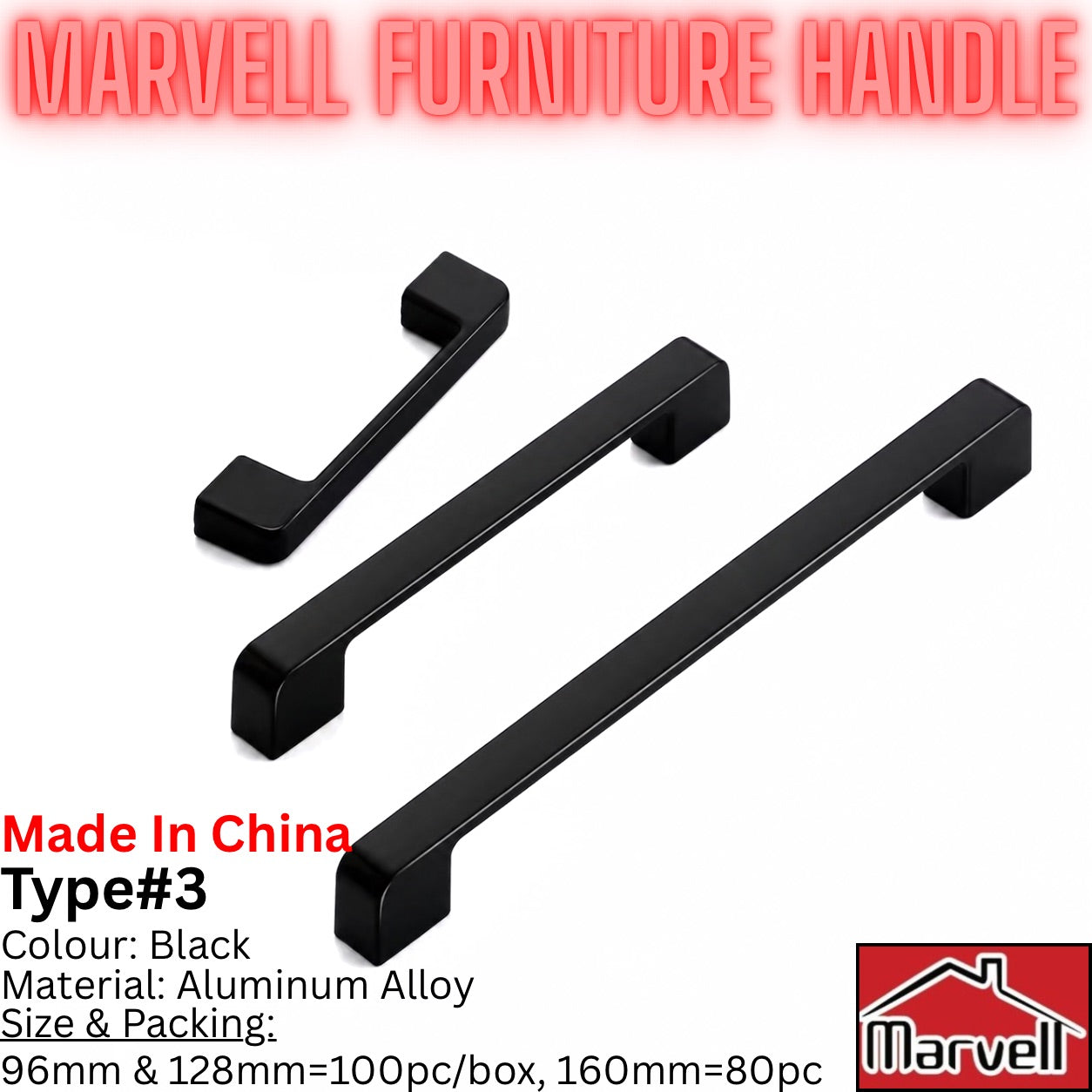 Black aluminium alloy furniture handle for cabinets, wardrobes and drawers in 96mm, 128mm and 160mm sizes