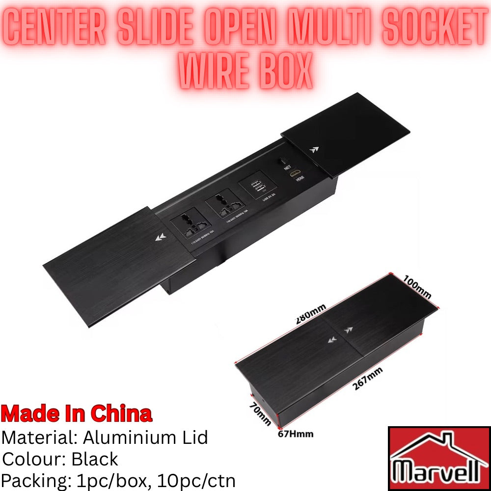 Black multi-socket center slide wire box with an open top lid showing power outlets, plus a smaller closed view with dimensions, on a white background with text reading 'CENTER SLIDE OPEN MULTI SOCKET WIRE BOX' and a Marvel logo.