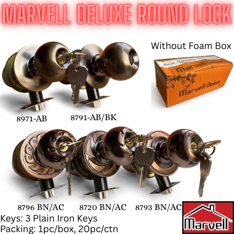 Marvell Deluxe round door lock set shown on a white background with product labels, keys, and an orange branded box. The image includes multiple lock finishes and text indicating pack size and model numbers.