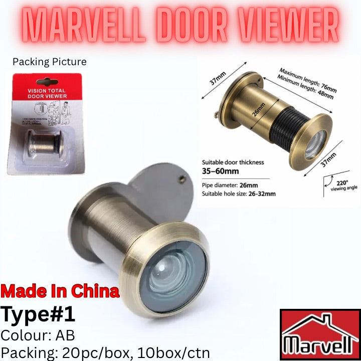 Marvell brand door viewer product listing graphic showing a brass-finish cylindrical door camera with a lens, dimensions labeled on the product, a small retail package, and text including 'MARVELL DOOR VIEWER', 'Made in China', 'Type1', and color/packaging details.
