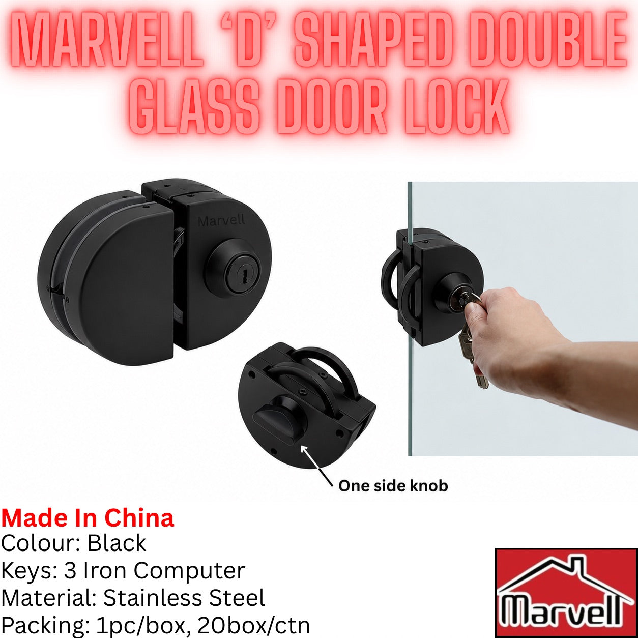 Marvell 'D' shaped double glass door lock in black, shown with product cutaway views and a demonstration of one side knob being operated by a hand. Text details the product as black with 3 iron keys, stainless steel material, and lists packing info.