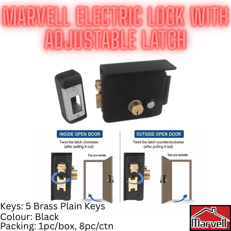 Marvell black electric rim lock with adjustable latch and 5 brass keys for home and office door security
