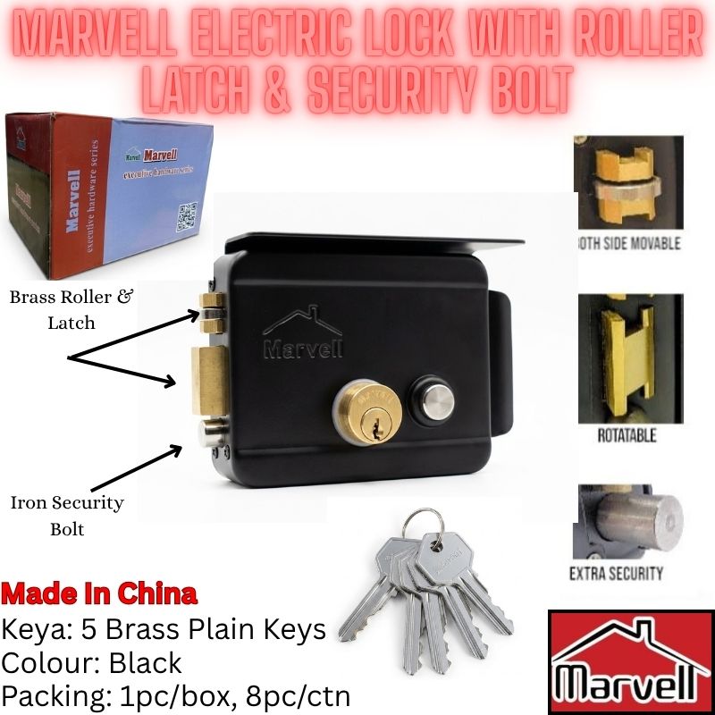 Marvell electric lock with roller latch and security bolt in black, shown with brass keys, packaging box, and feature callout graphics on a white background.
