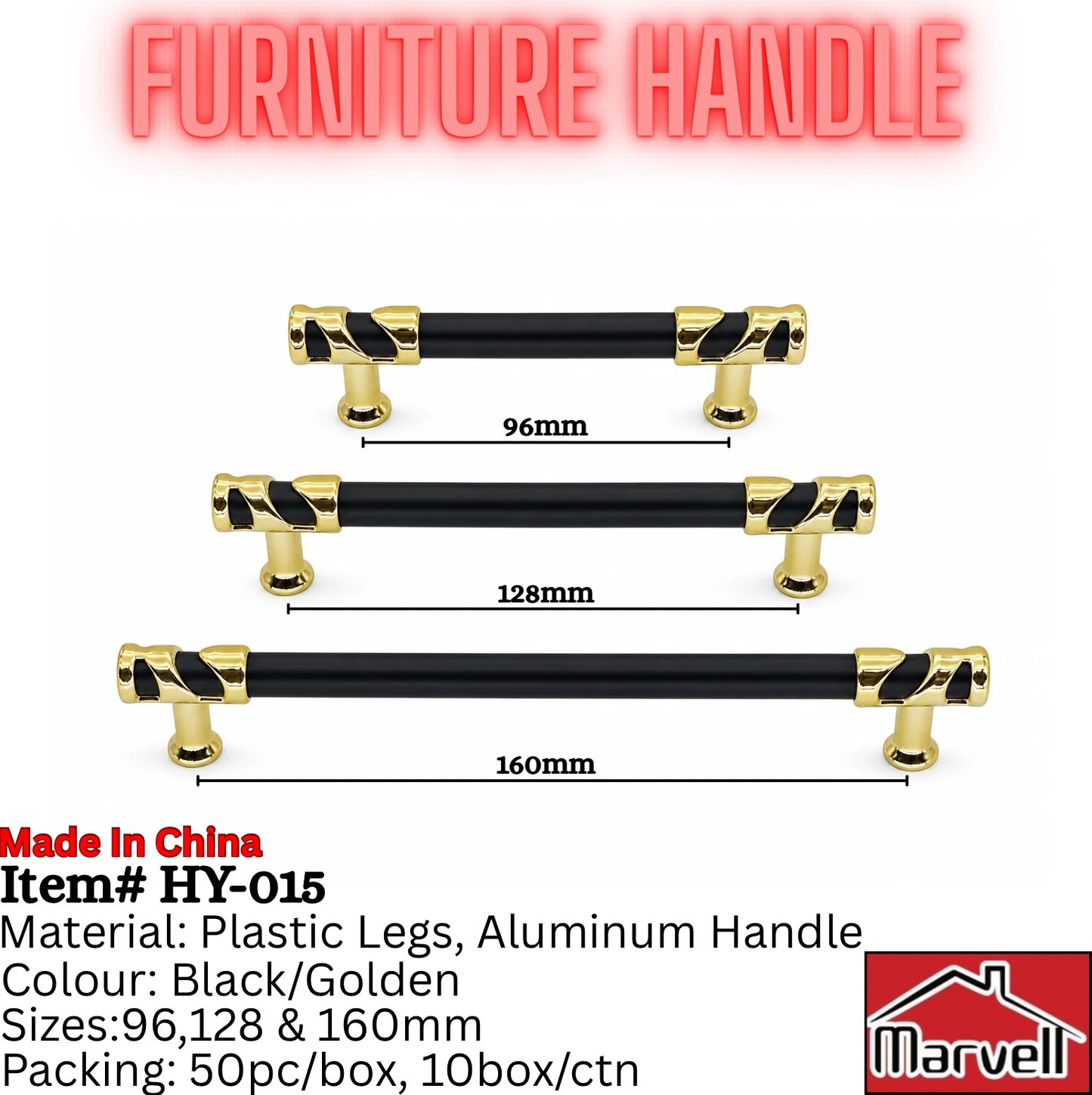Marvell HY-015 furniture handle available in black and gold or grey and gold finish, suitable for cabinets, wardrobes, and drawers in 96mm, 128mm, and 160mm sizes