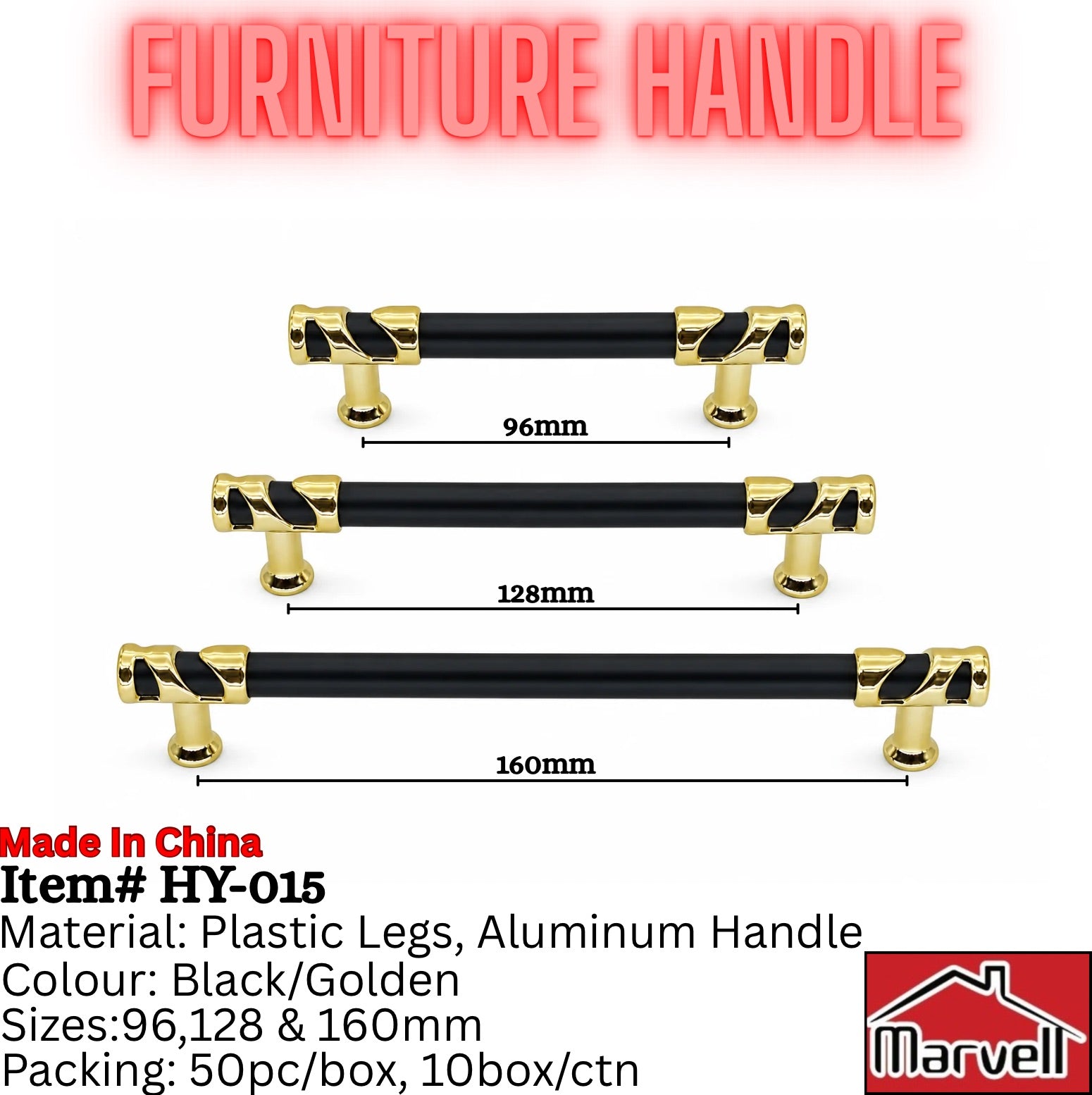 Marvell HY-015 furniture handle available in black and gold or grey and gold finish, suitable for cabinets, wardrobes, and drawers in 96mm, 128mm, and 160mm sizes
