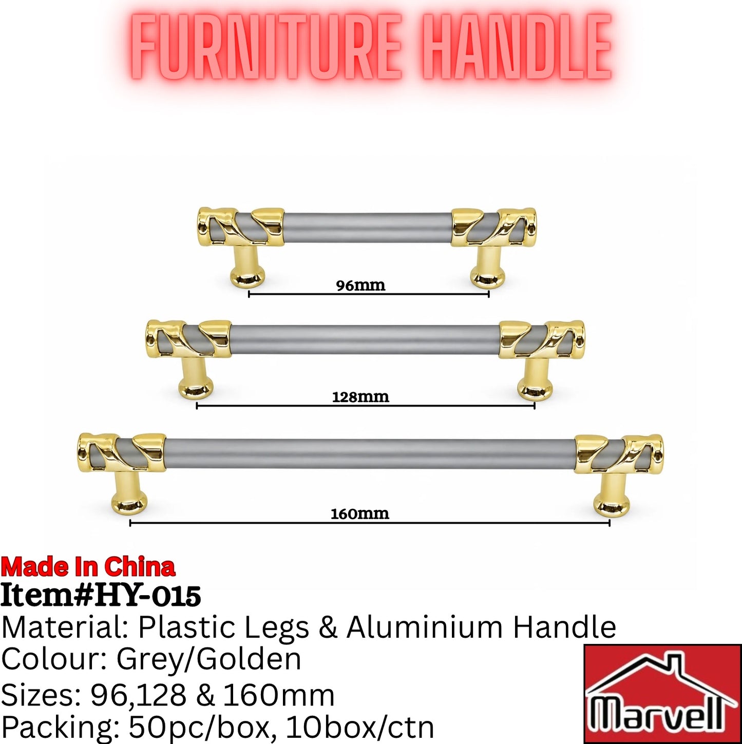Marvell HY-015 furniture handle available in black and gold or grey and gold finish, suitable for cabinets, wardrobes, and drawers in 96mm, 128mm, and 160mm sizes