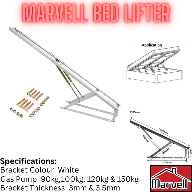 Marvell Bed Lifter product diagram on a white background, showing the white metal support bracket, gas pump cylinder, mounting bolts, application view, dimension diagram, and specifications text. A red and white Marvell logo appears in the bottom right.