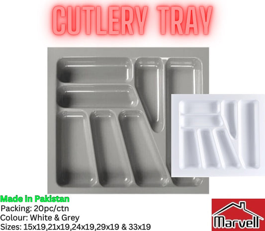 Plastic kitchen cutlery tray organizer with multiple compartments in white and grey colors for drawer storage