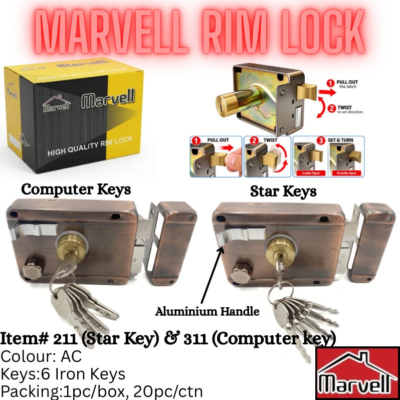 Marvell Rim Lock hardware set shown with its retail box, a brass lock body, instruction diagrams, and two lock assemblies labeled for computer keys and star keys, with keys attached.