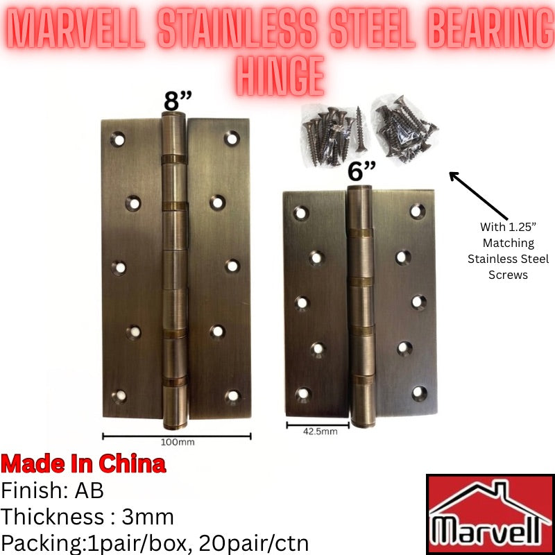 Two brass-colored stainless steel hinge plates shown on a white background, one labeled 8 inches and one 6 inches, with small packets of screws and text reading 'MARVELL STAINLESS STEEL BEARING HINGE' and product details.