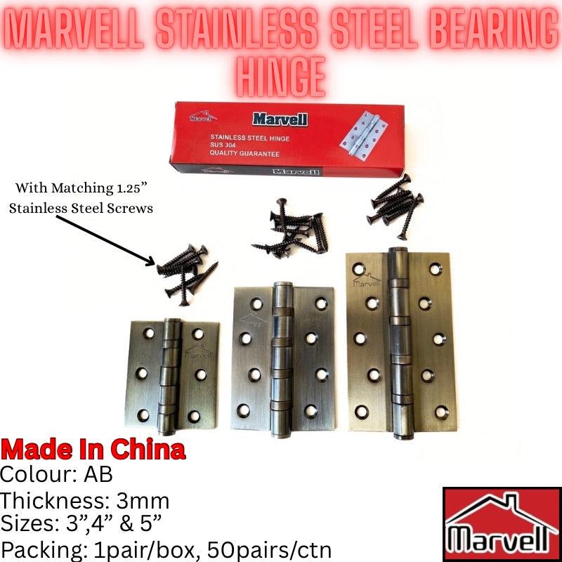 Marvell stainless steel hinge hardware set with three metal hinges, several black screws, and a red product box on a white background, with text overlays describing the product and specifications.