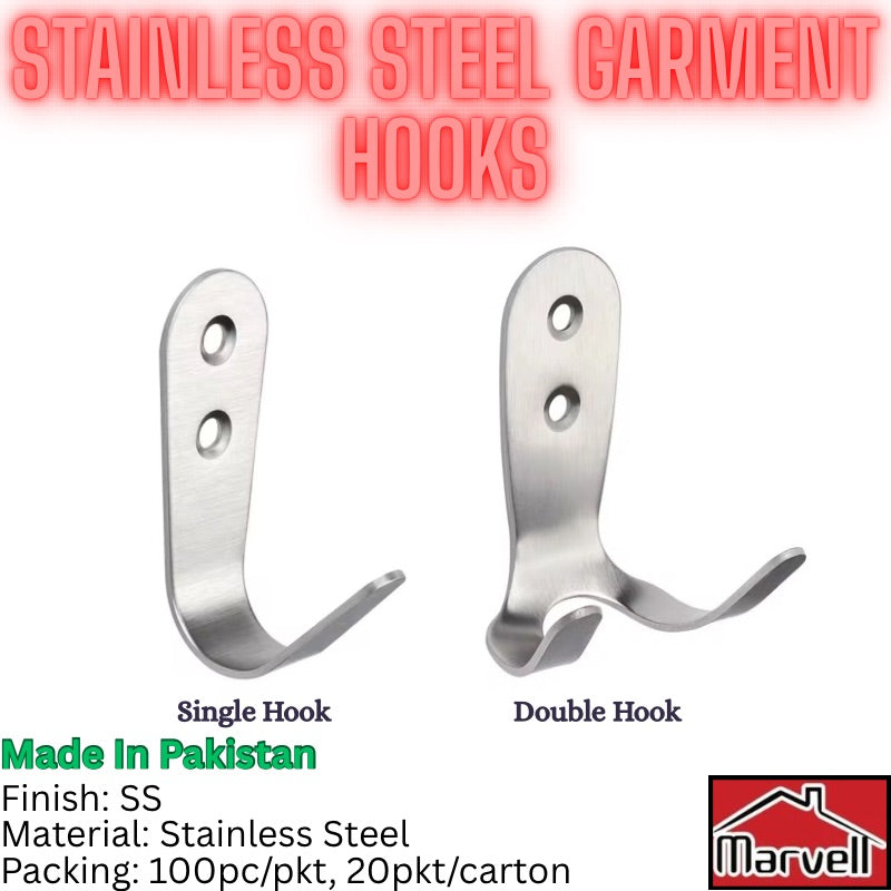 Marvell Stainless Steel Garment Hook in Single and Double Hook Design with Satin SS Finish for Clothes, Coats, Towels and Wall Mount Installation – Made in Pakistan