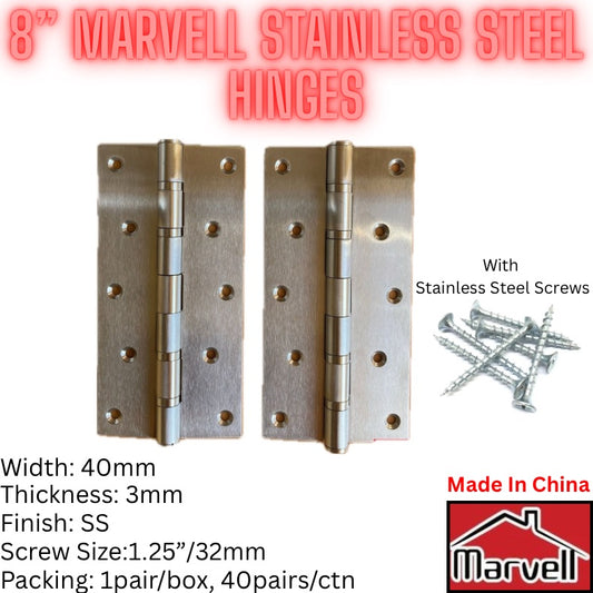 Two 8-inch stainless steel hinges with screws on a white background, featuring the Marvell brand.