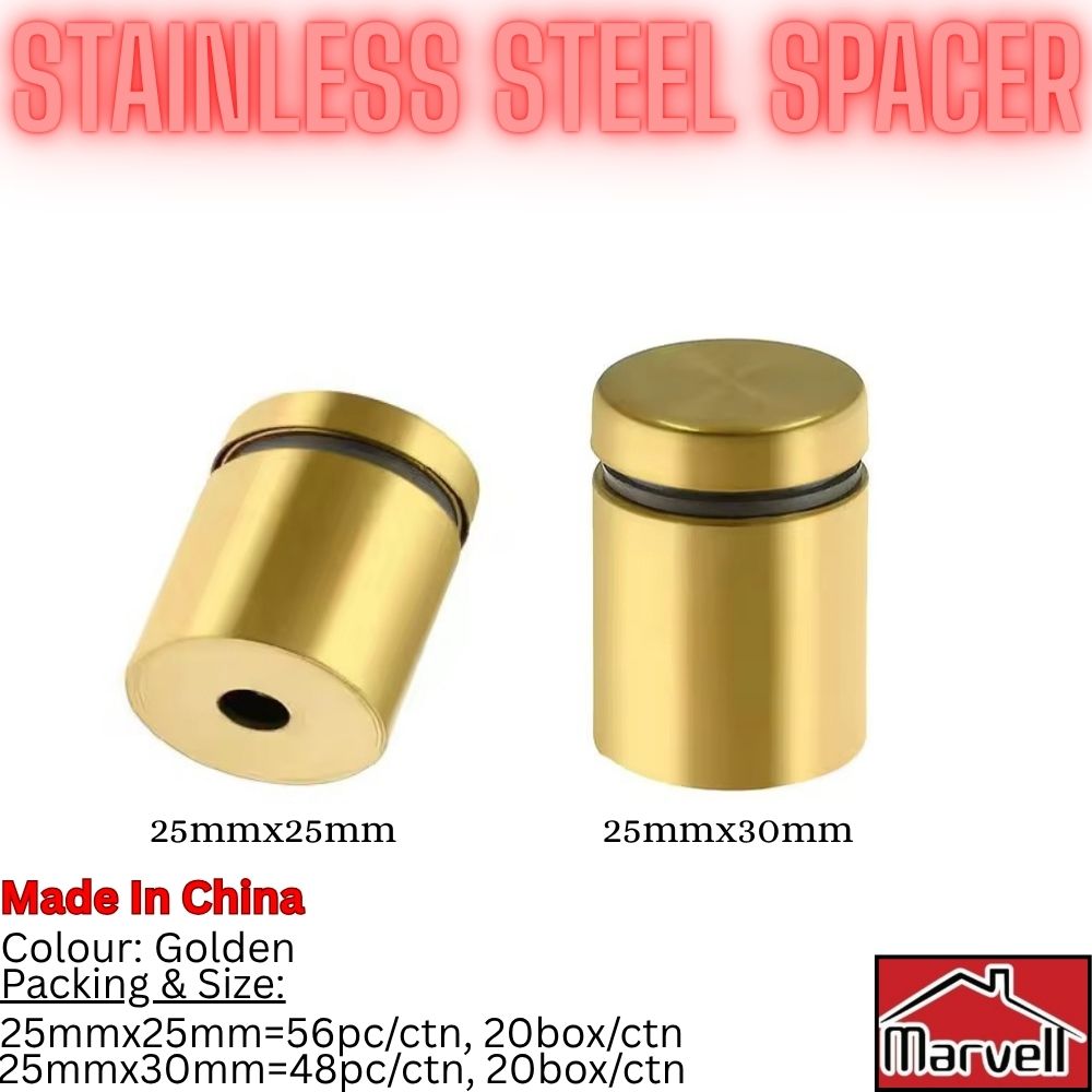 Gold finish stainless steel spacer standoff mount for glass panels, acrylic sheets, and signboard installations