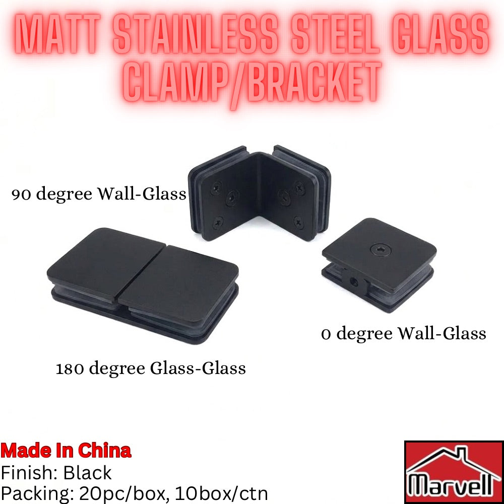 Matte black stainless steel glass clamp brackets showing 90 degree wall glass, 180 degree glass glass, and 0 degree wall glass options