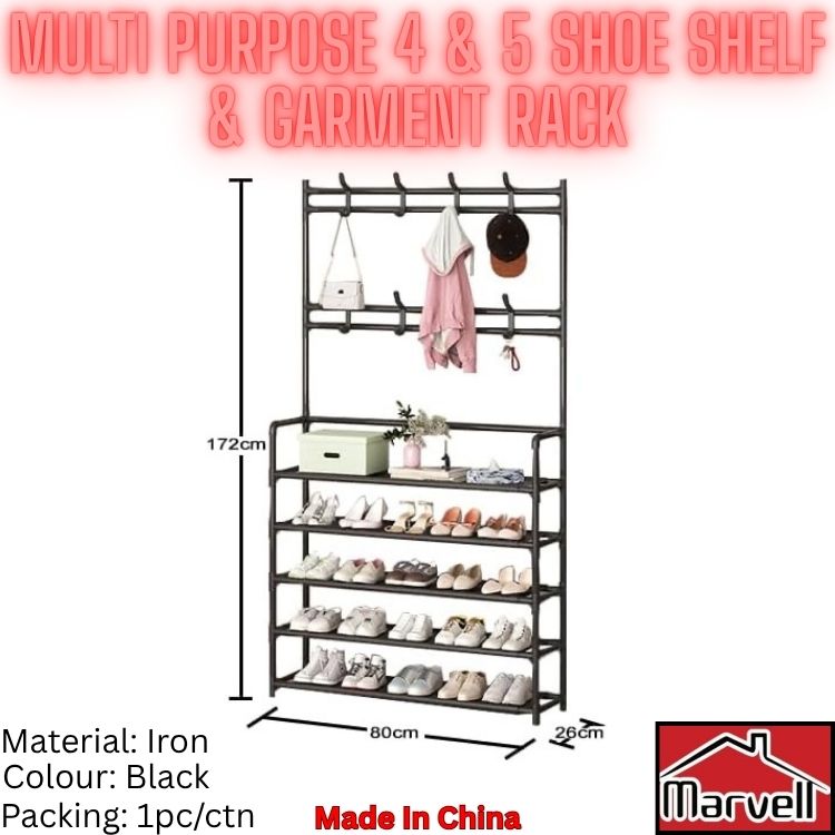 Black multi-purpose 4 and 5 shoe shelf and garment rack with hanging hooks, shown with dimension labels (172cm height, 80cm width, 26cm depth) on a white background, with decorative shoes and accessories displayed.